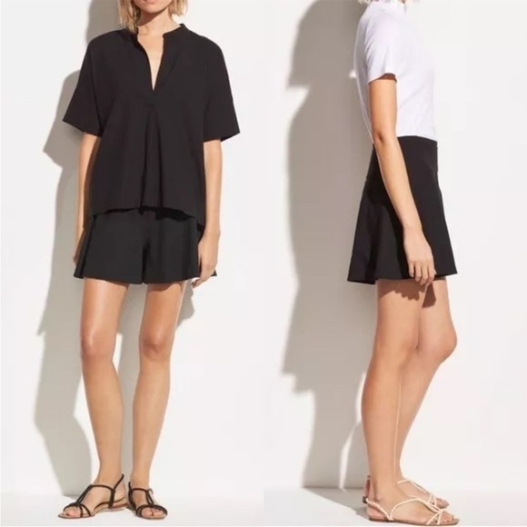 VINCE Skirt Preppy Center Pleat Pockets Linen Mini A Line Skirt Black Sz 6 - Picture 1 of 12